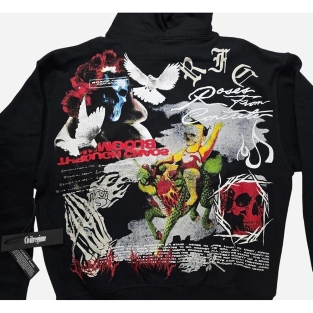 Civil Regime Roses in Bloom Snap Hoodie Black Medium NWT Graphic Streetwear